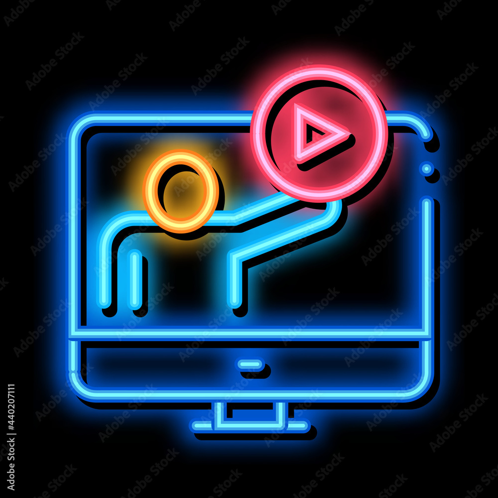 Poster viewing in computer mode neon light sign vector. glowing bright icon viewing in computer mode sign. 