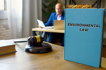  ENVIRONMENTAL LAW book in the hands of a attorney. Environmental law is a collective term...