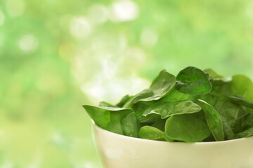 Green fresh spinach leaves in bowl against a blurred bright background