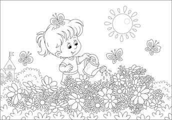 Happy little girl watering beautiful garden flowers on a pretty small flowerbed on a sunny summer day, black and white vector cartoon illustration for a coloring book page