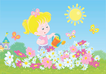 Fototapeta na wymiar Happy little girl watering colorful garden flowers on a pretty small flowerbed on a sunny summer day, vector cartoon illustration