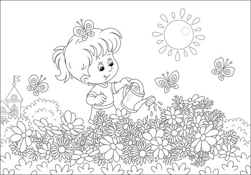 Happy little girl watering beautiful garden flowers on a pretty small flowerbed on a sunny summer day, black and white vector cartoon illustration for a coloring book page