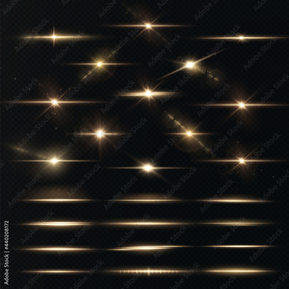 Aufkleber Light rays of light horizontal golden color with glare and flashes isolated on a transparent background. Light star gold png. Light sun gold png. Light flash gold png. Powder png.