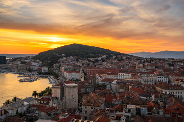 Aerial view of Split old town at sunset, Dalmatia, Croatia