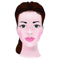 Beautiful girl with freckles on her face. Template for cosmetology. Vector illustration
