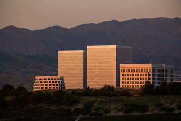 Twilight view of the skyline of downtown Irvine, California, USA.