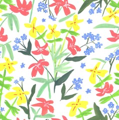 Seamless pattern with different gouache flowers on white background