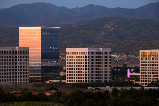 Twilight View Of The Skyline Of Downtown Irvine, California, USA.