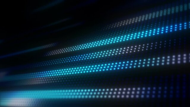 This is stock motion graphic that shows digital field of luminous blue dots racing in lines on a tilted plane.