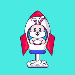 Cute rabbit flying on rocket. Animal cartoon concept isolated. Can used for t-shirt, greeting card, invitation card or mascot. Flat Cartoon Style