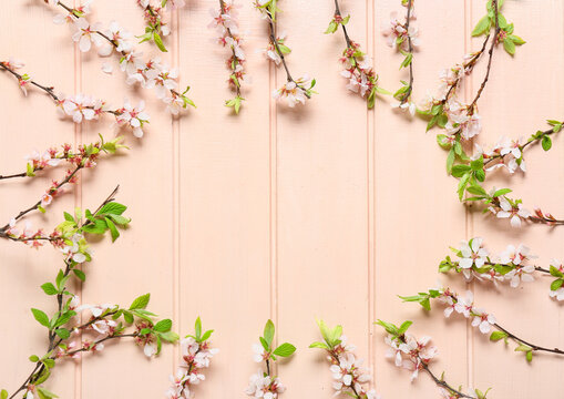 Frame made of beautiful blooming branches on color wooden background © Pixel-Shot