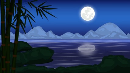 Fototapeta na wymiar Landscape moonlit night vector illustration with river , bamboo tree, mountain, rock and full moon.