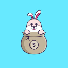 Obraz premium Cute rabbit playing in money bag. Animal cartoon concept isolated. Can used for t-shirt, greeting card, invitation card or mascot. Flat Cartoon Style