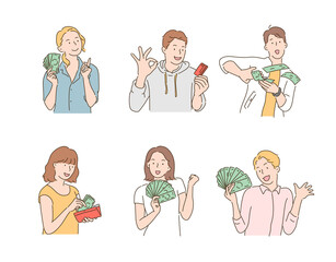 Happy people with lots of money in their hands.  hand drawn style vector design illustrations.