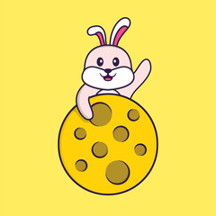 Cute rabbit is on the moon. Animal cartoon concept isolated. Can used for t-shirt, greeting card, invitation card or mascot. Flat Cartoon Style