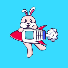 Cute rabbit flying on rocket. Animal cartoon concept isolated. Can used for t-shirt, greeting card, invitation card or mascot. Flat Cartoon Style