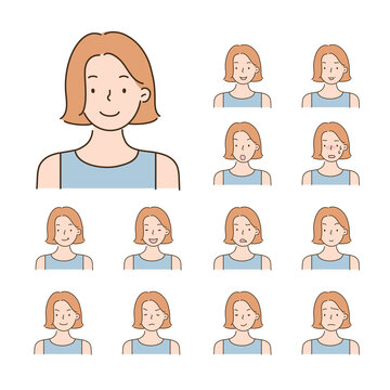 Collection of icons of various facial expressions of women. hand drawn style vector design illustrations.