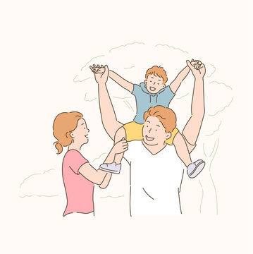 Dad, mom and child are having a good time. hand drawn style vector design illustrations.