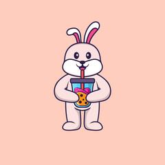 Cute rabbit Drinking Boba milk tea. Animal cartoon concept isolated. Can used for t-shirt, greeting card, invitation card or mascot. Flat Cartoon Style