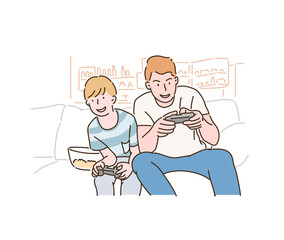 Dad and son are playing video games together. hand drawn style vector design illustrations.