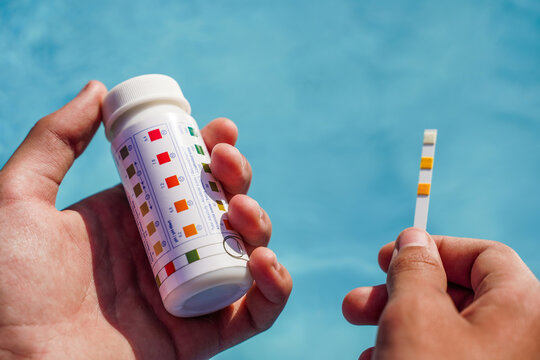 Checking The Water Quality Of A Pool With The Help Of A Test Strip With PH Value, Chlorine And Algaecide