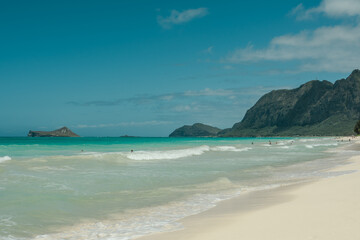 Waimanalo Bay State Recreation Park, Oahu, Hawaii. The longest stretch of sandy shoreline on Oahu
