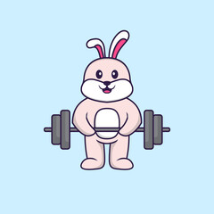 Cute rabbit lifts the barbell. Animal cartoon concept isolated. Can used for t-shirt, greeting card, invitation card or mascot. Flat Cartoon Style