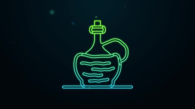 Glowing neon line Wine in italian fiasco bottle icon isolated on black background. Wine bottle in a rattan stand. 4K Video motion graphic animation