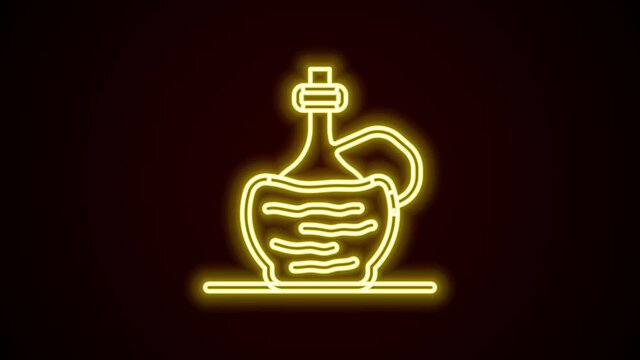 Glowing neon line Wine in italian fiasco bottle icon isolated on black background. Wine bottle in a rattan stand. 4K Video motion graphic animation