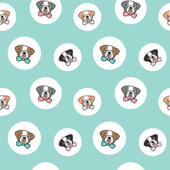 Seamless Pattern with Cartoon Bulldog Face Design on Pastel Green Background