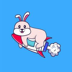 Cute rabbit flying on rocket. Animal cartoon concept isolated. Can used for t-shirt, greeting card, invitation card or mascot. Flat Cartoon Style