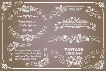 アンティークなお花とリボンの装飾フレーム、飾り罫、オーナメントのベクターセット。
