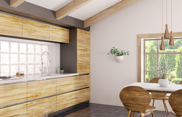 Modern interior design of wooden kitchen with window 3d rendering