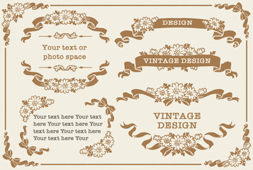 アンティークなお花とリボンの装飾フレーム、飾り罫、オーナメントのベクターセット