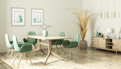 Interior design of modern dining room, wooden table and gree chairs 3d rendering