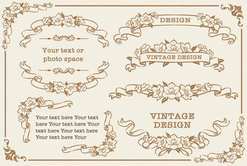 アンティークなお花とリボンの装飾フレーム、飾り罫、オーナメントのベクターセット