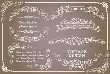 アンティークなお花とリボンの装飾フレーム、飾り罫、オーナメントのベクターセット