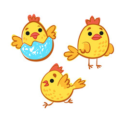 Chickens set in different poses and with different emotions. Vector illustration of cute chicks. All on separate layers for easy editing and isolated.
