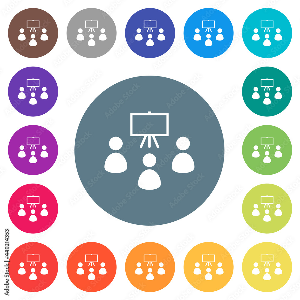 Sticker classroom flat white icons on round color backgrounds