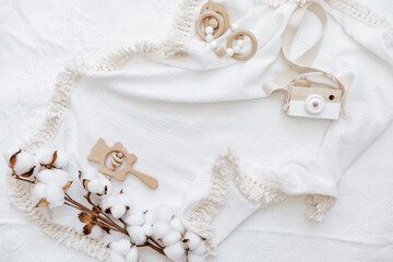 Still life background of cute newborn accessories on white background - 440214331