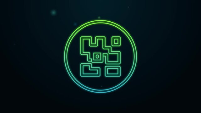 Glowing neon line QR code sample for smartphone scanning icon isolated on black background. 4K Video motion graphic animation