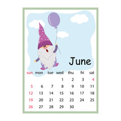 Obraz premium Designer calendar for the year 2022 March, cute gnome character flying in a balloon, cartoon style
