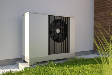 Air heat pump beside house, 3D illustration - obrazy, fototapety, plakaty
