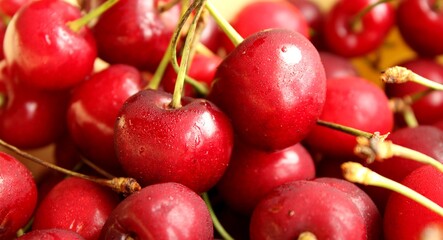 Red cherries fresh summer fruits close up view
