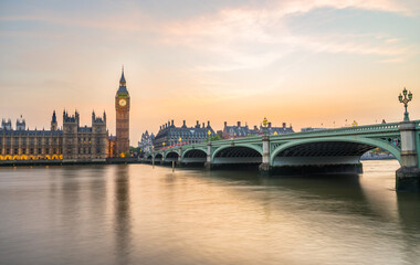 Big Ben and Westminster bridge at sunset 