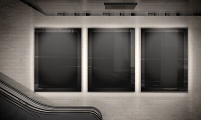 Three vertical billboards glowing on underground wall Mockup. Hoardings advertising triptych on subway wall 3D rendering - obrazy, fototapety, plakaty