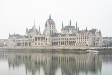 Hungarian Parliament with morning mist in Budapest. Hungary 