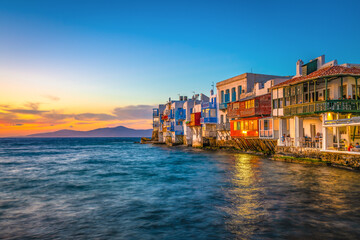 Little Venice on Mykonos island at sunset, Greece