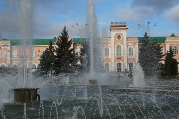 Tambov Region. Tambov. Railway station building and fountain in front of it 