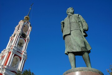 Russia. Tambov region. Tambov. Monument to Zoya Kosmodemyanskaya and the bell tower of the Kazanskiy Monastery